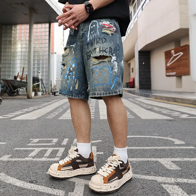 SONGS ALONG Denim Shorts Unisex Blue Graffiti-3