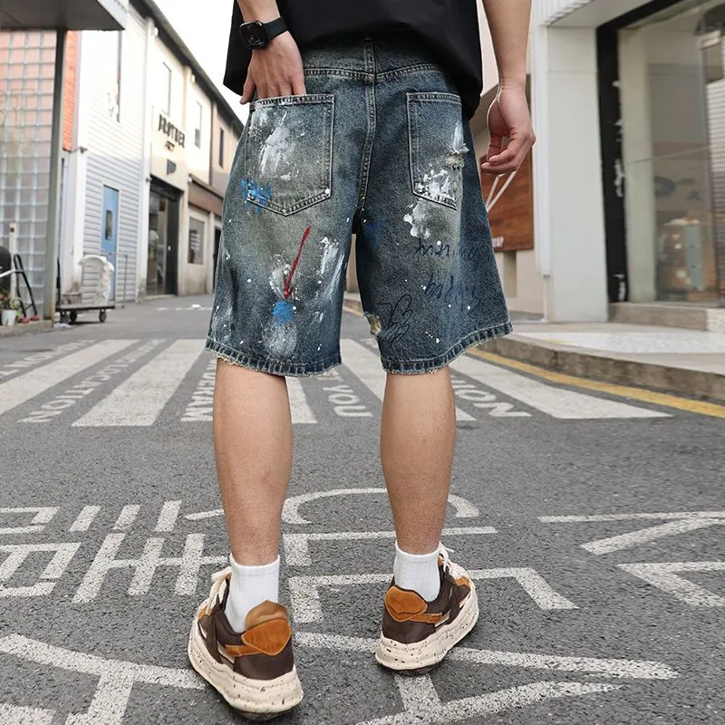 SONGS ALONG Denim Shorts Unisex Blue Graffiti-5