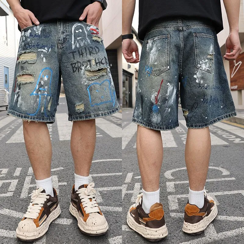 SONGS ALONG Denim Shorts Unisex Blue Graffiti-2