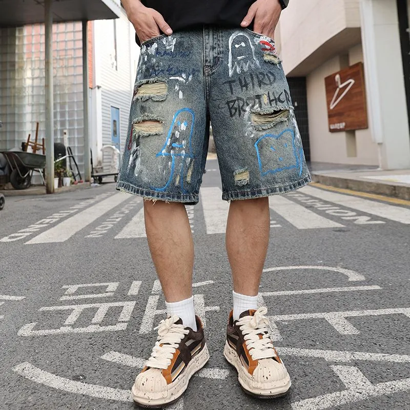 SONGS ALONG Denim Shorts Unisex Blue Graffiti-4