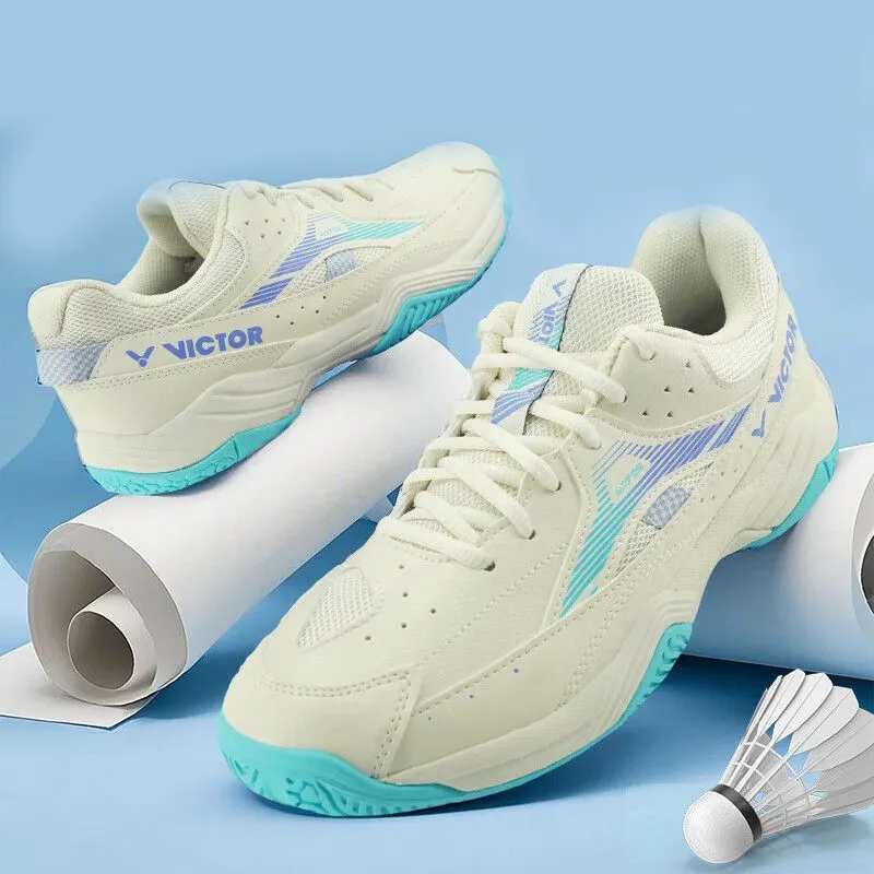 VICTOR Slip Resistant And Abrasion Resistant Support Low Top Badminton Shoes Unisex Moon White Gray Turquoise-1