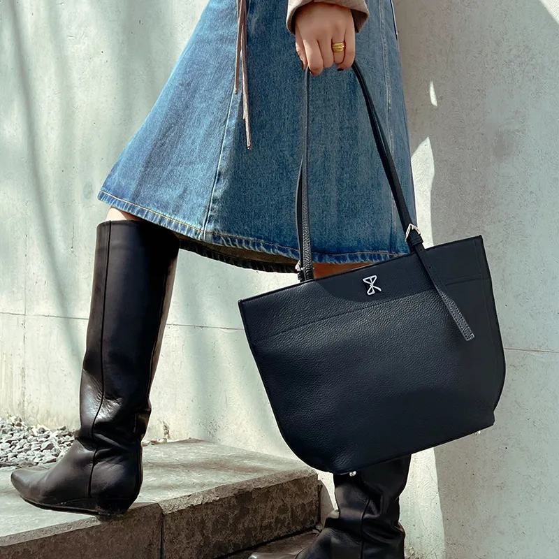STAR TOWN Cow Leather Sailboat Bag, Tote Bag, Shopping Bag, Handbag, Shoulder Bag Women's Ink Black/Champagne Brown-2