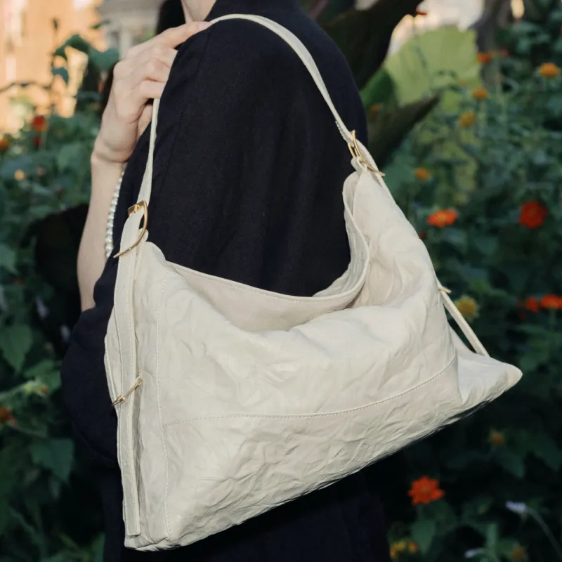 APEDE MOD Cow Leather Zongzi Bag Hobo Bag Biker Bag Handbag Shoulder Bag Crossbody Bag Women's Cream White-1