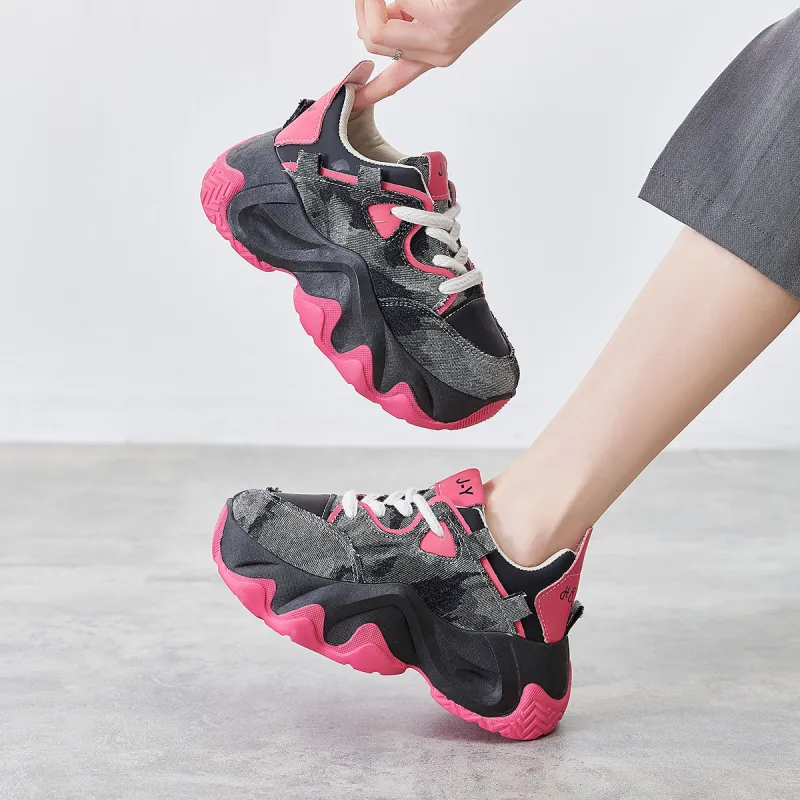 VICTORIA&VERA Height Increasing Coverage Low Top Chunky Sneakers Women's Rose Red-6