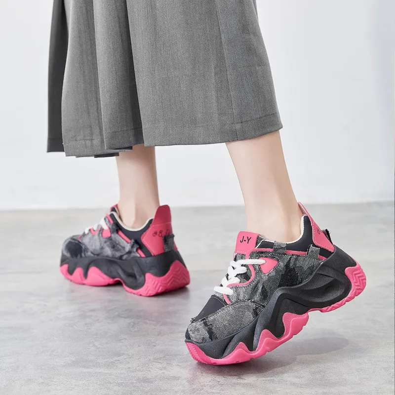 VICTORIA&VERA Height Increasing Coverage Low Top Chunky Sneakers Women's Rose Red-4