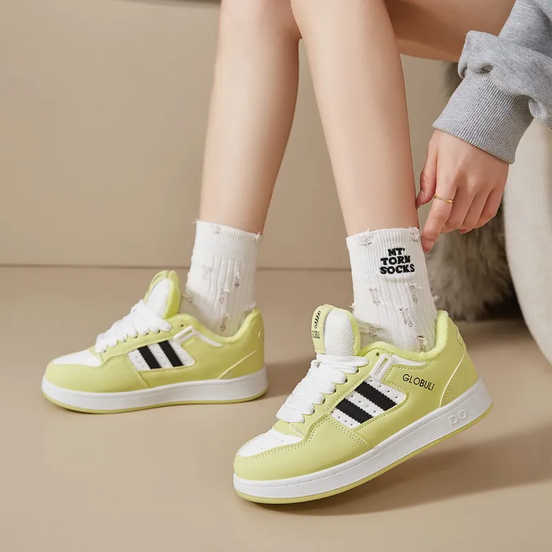 VICTORIA&VERA Slip Resistant Low Top Skateboard Shoes Women's Beige Yellow Padded-6