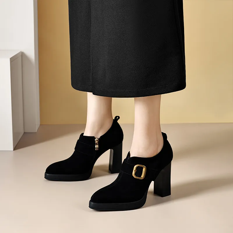 Bai Shiting Chunky Heel High Heels 9.5cm Women's Black-1