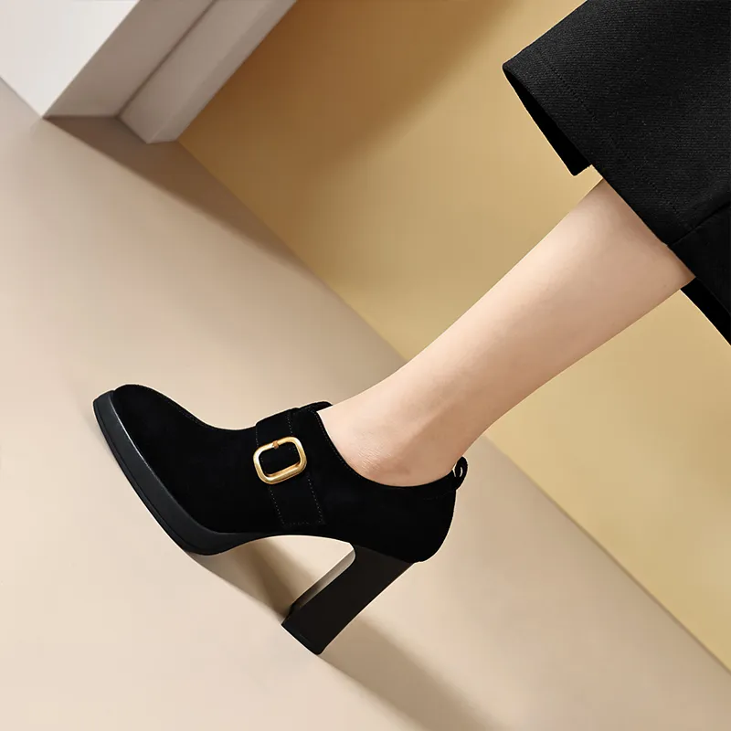 Bai Shiting Chunky Heel High Heels 9.5cm Women's Black-3