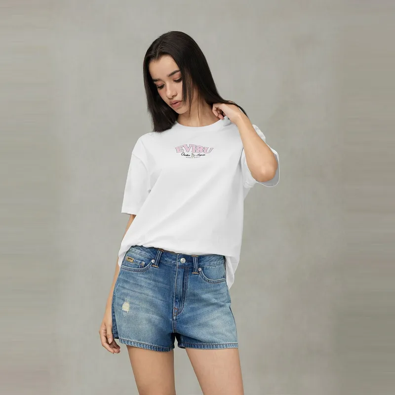 EVISU Large M And Logo Print Minimalist Style Comfortable Short Sleeved T Shirt Women's-3