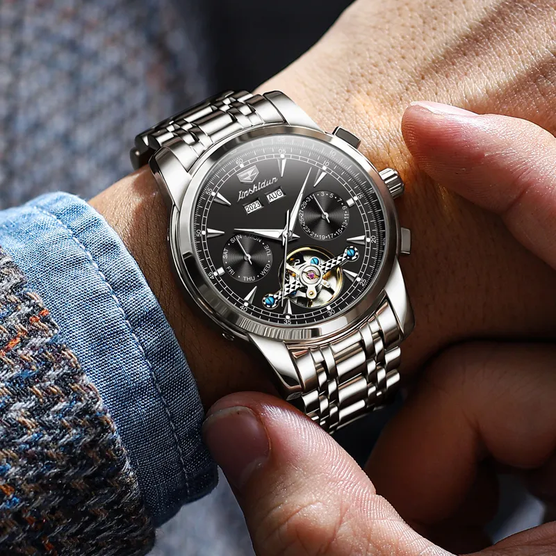 Jin Shi Dun Mechanical Movement Stainless Steel Watchband Watch Men's Watches White Dial-2