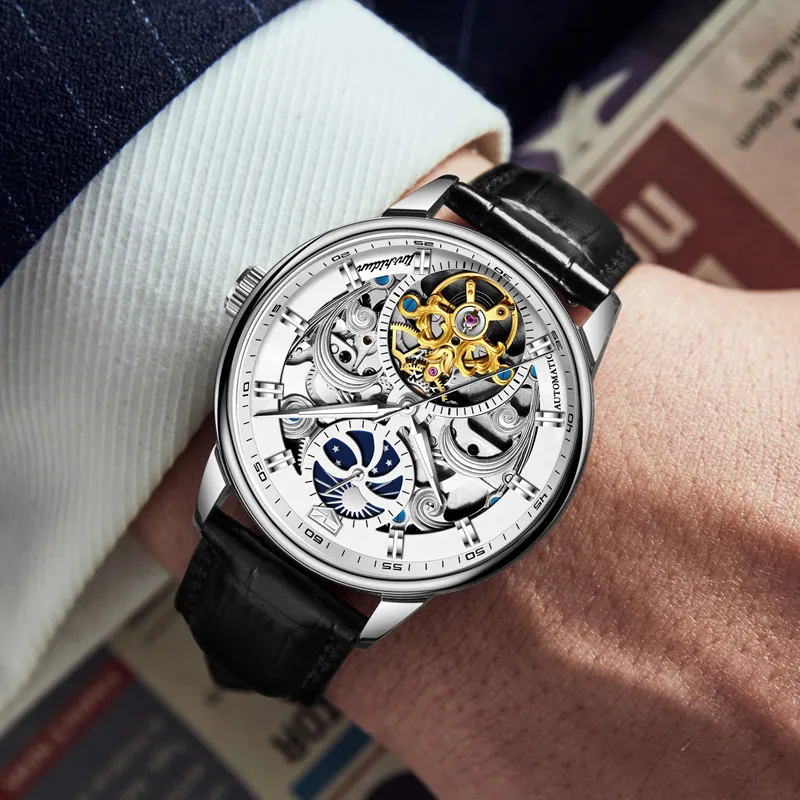Jin Shi Dun Automatic Mechanical Movement Leather Strap Watch Men's Watches White Dial-3