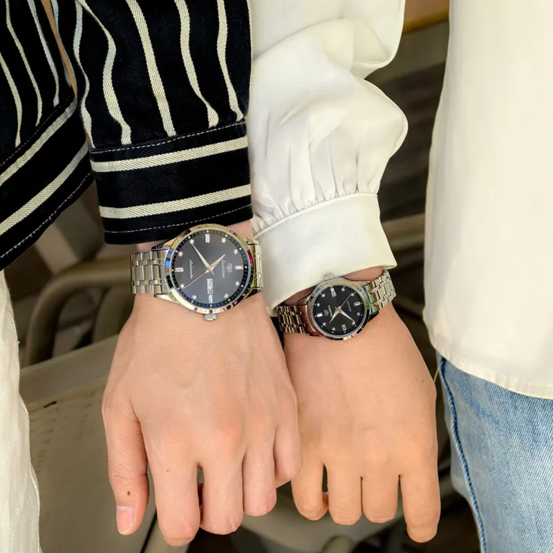 Jin Shi Dun Mechanical Movement Stainless Steel Watchband Watch Unisex Silver Dial-8