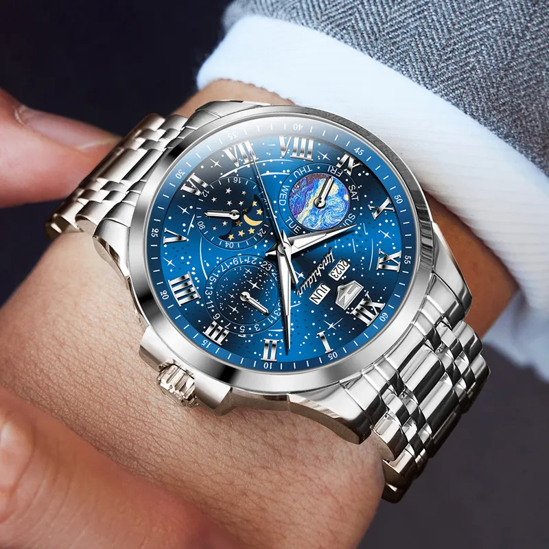 Jin Shi Dun Mechanical Movement Stainless Steel Watchband Watch Men's Watches Blue Dial-3