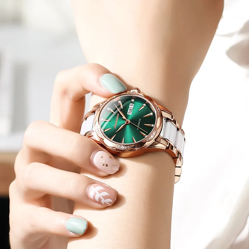 Jin Shi Dun Rhinestone Embellished Box Mechanical Movement Watch Women's Watch White Dial-9