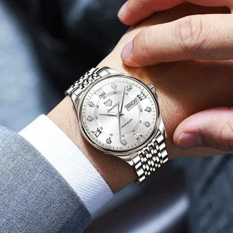 Jin Shi Dun Automatic Mechanical Movement Stainless Steel Watchband Watch Men's Watches White Dial-5