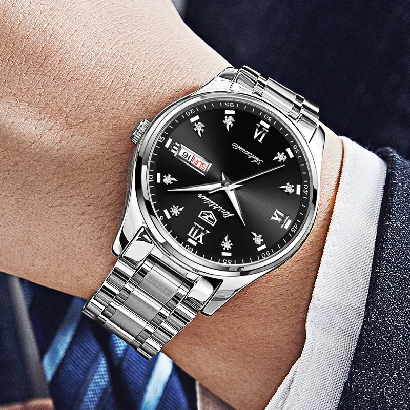 Jin Shi Dun Mechanical Movement Stainless Steel Watchband Watch Men's Watches Black Dial-3