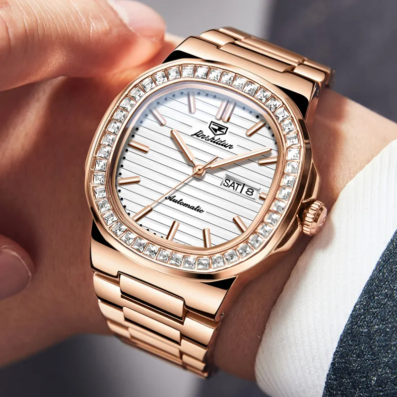 Jin Shi Dun Mechanical Movement Stainless Steel Watchband Watch Men's Watches White Dial-19
