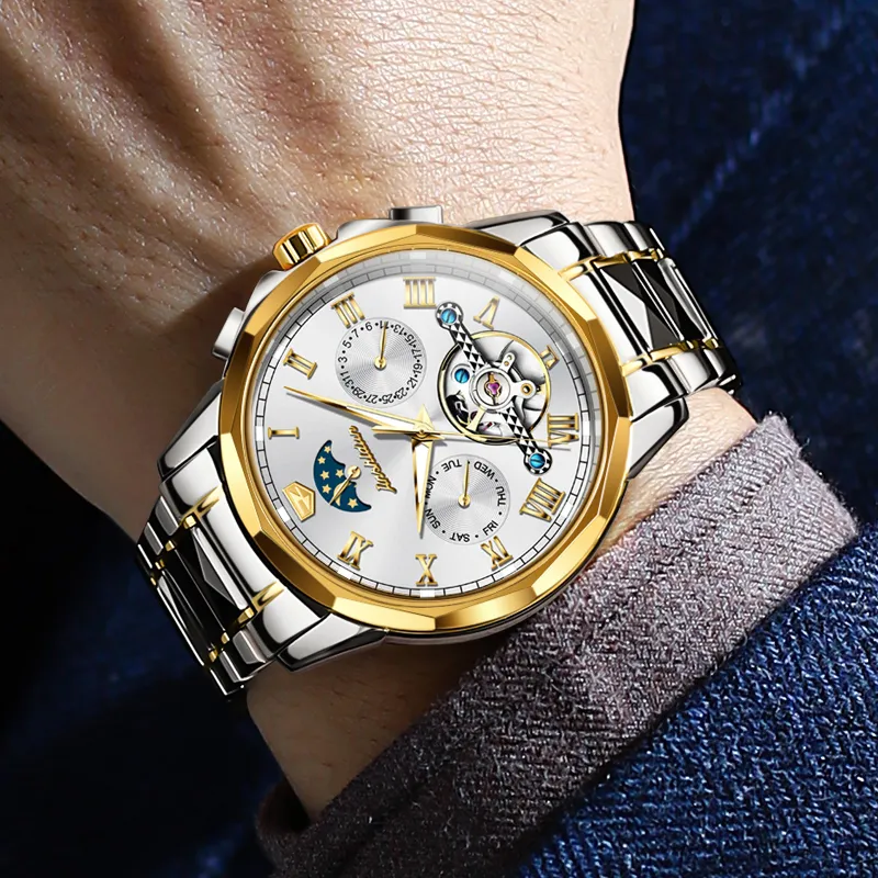 Jin Shi Dun Mechanical Movement Stainless Steel Watchband Watch Men's Watches White Dial-11
