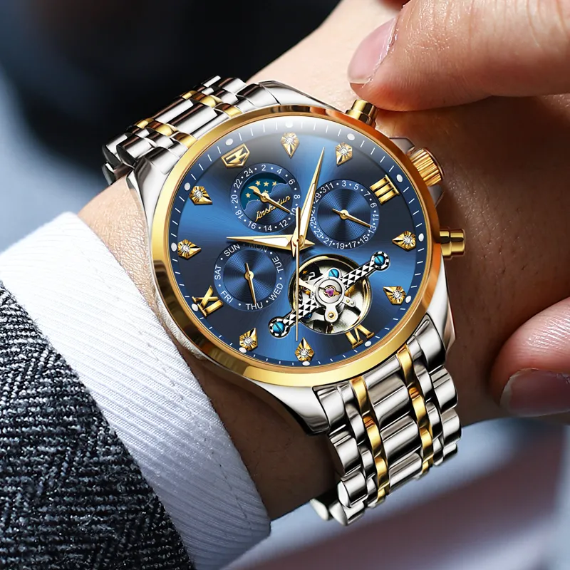 Jin Shi Dun Refined Box Mechanical Movement Stainless Steel Watchband Watch Men's Watches Black Dial-10