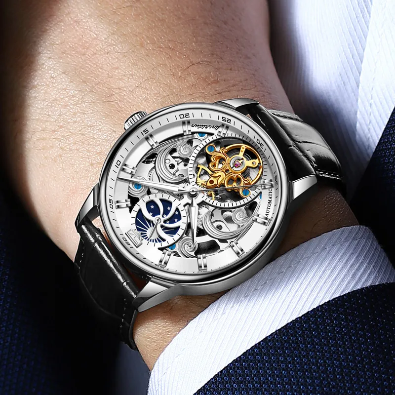 Jin Shi Dun Automatic Mechanical Movement Leather Strap Watch Men's Watches White Dial-4