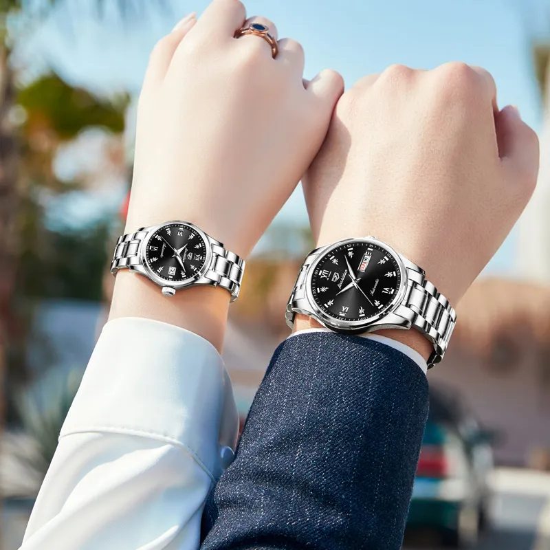 Jin Shi Dun Watch Box For Couples A Pair Mechanical Movement Stainless Steel Watchband Watch Unisex White Dial-3