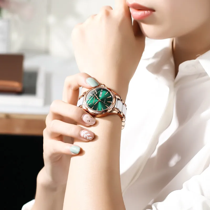 Jin Shi Dun Rhinestone Embellished Box Mechanical Movement Watch Women's Watch White Dial-11