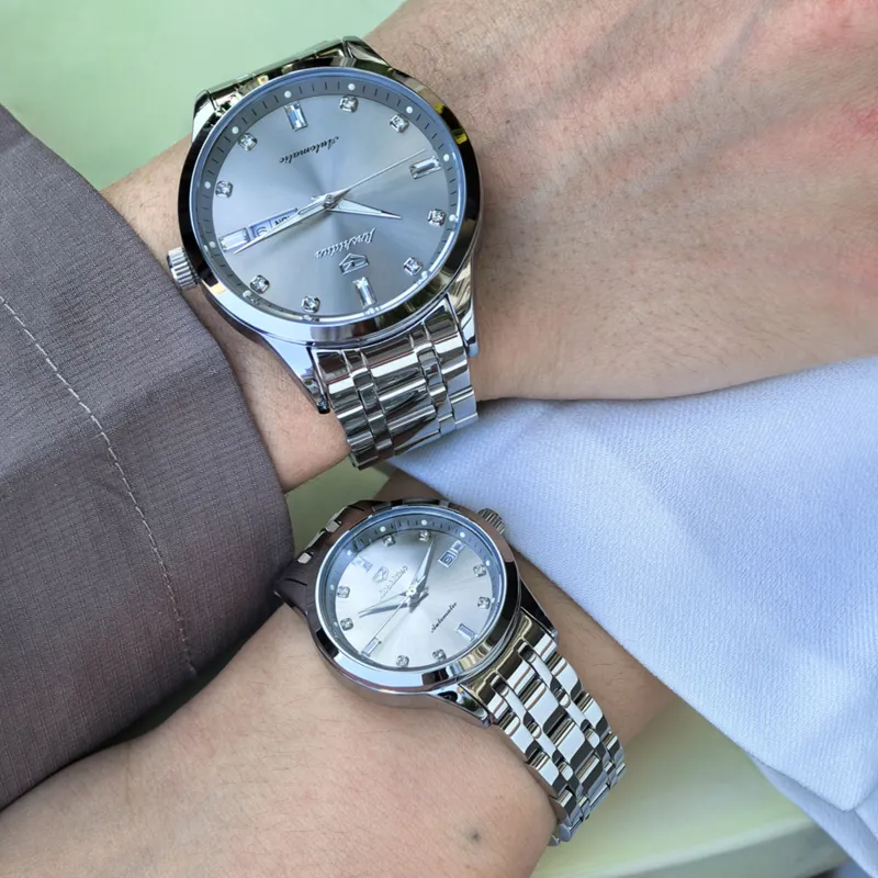 Jin Shi Dun Mechanical Movement Stainless Steel Watchband Watch Unisex Silver Dial-19