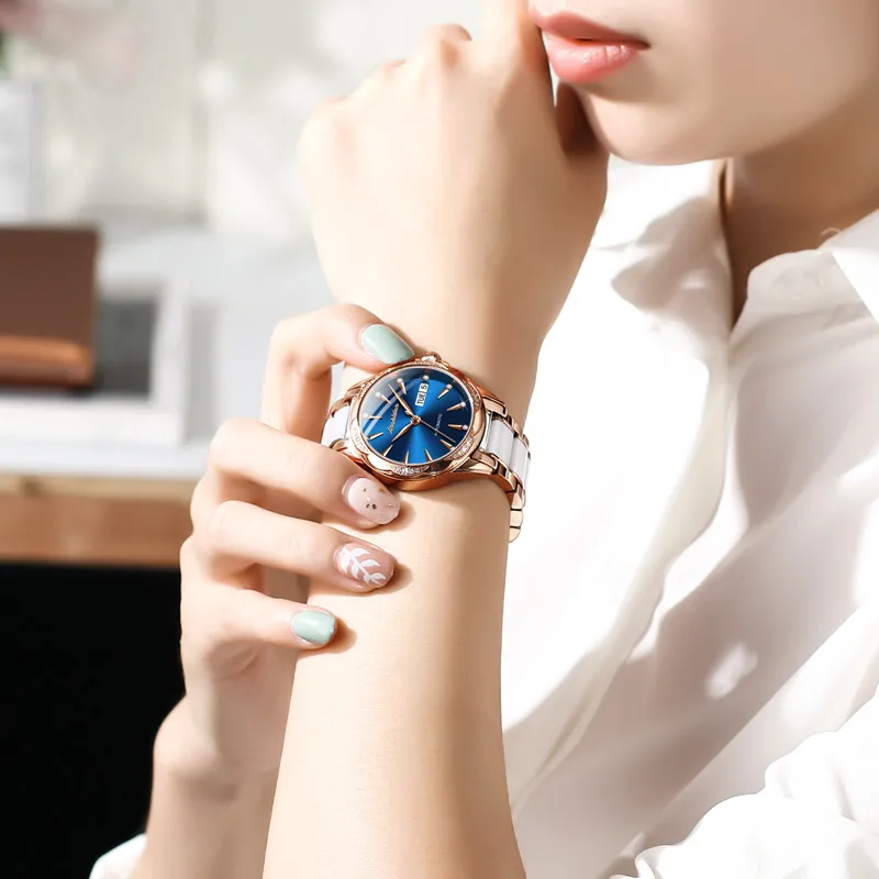 Jin Shi Dun Rhinestone Embellished Box Mechanical Movement Watch Women's Watch White Dial-17