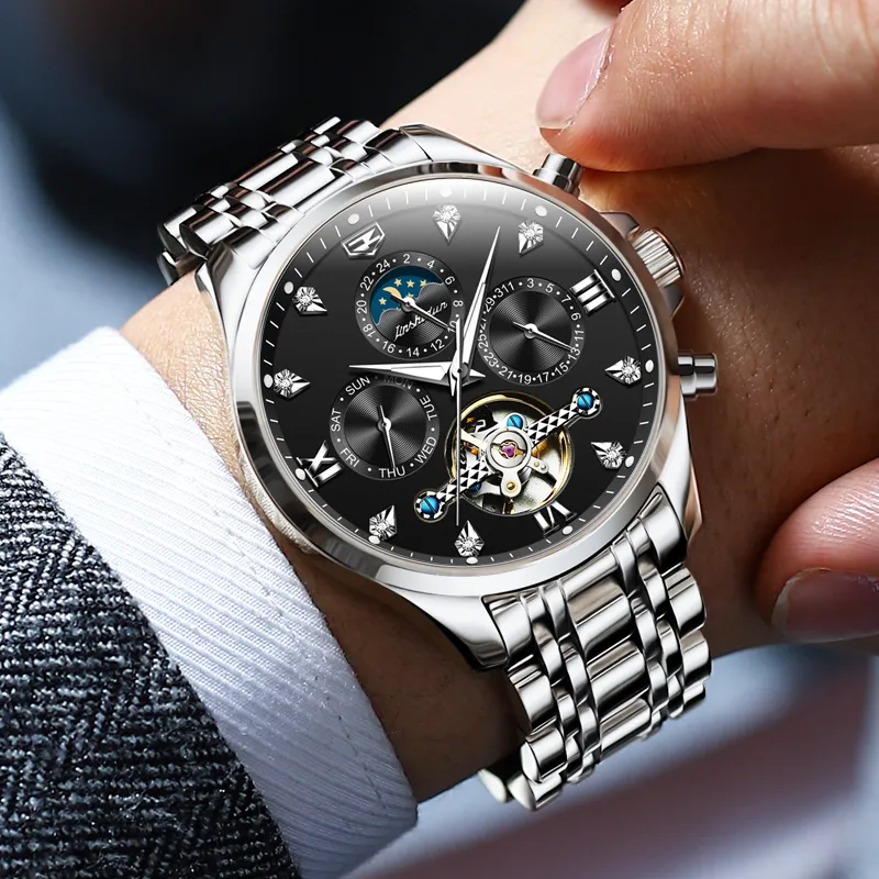 Jin Shi Dun Refined Box Mechanical Movement Stainless Steel Watchband Watch Men's Watches Black Dial-1