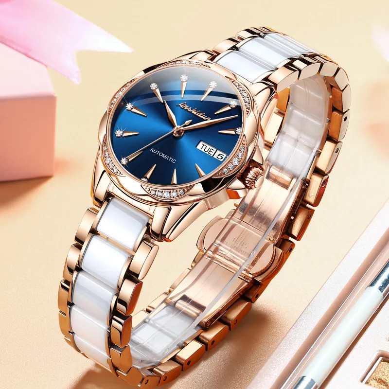 Jin Shi Dun Rhinestone Embellished Box Mechanical Movement Watch Women's Watch White Dial-16