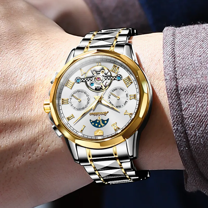 Jin Shi Dun Mechanical Movement Stainless Steel Watchband Watch Men's Watches White Dial-12