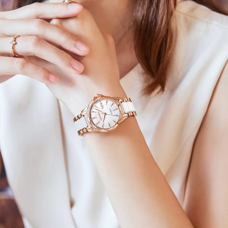 Jin Shi Dun Rhinestone Embellished Box Mechanical Movement Watch Women's Watch White Dial-3