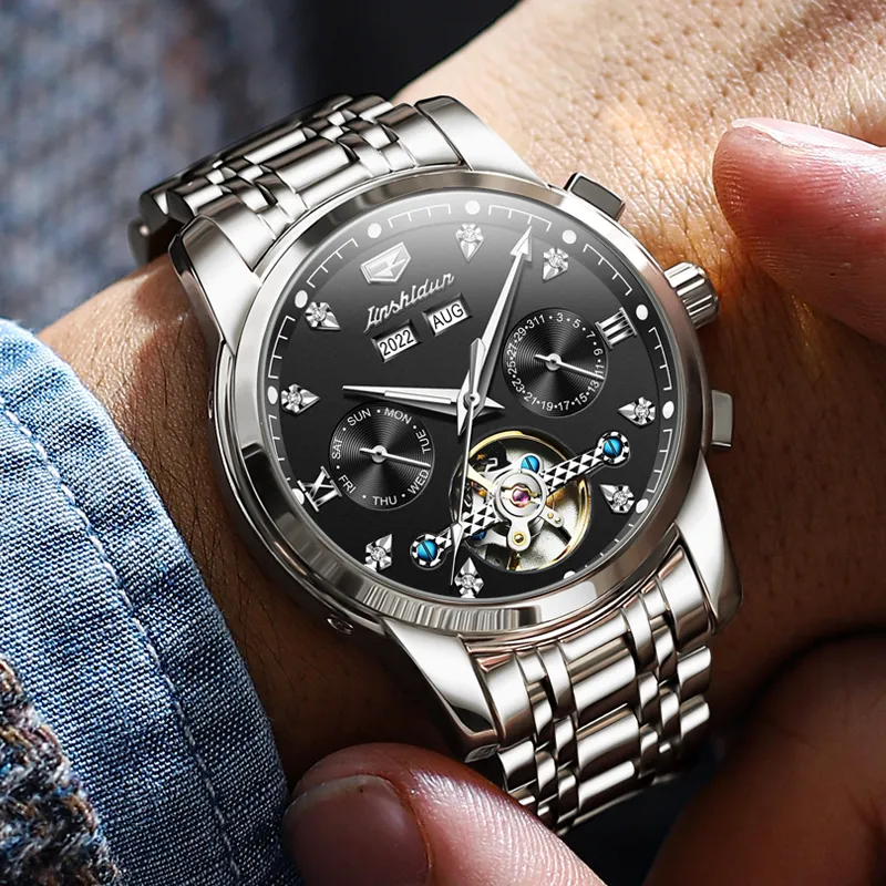 Jin Shi Dun Mechanical Movement Stainless Steel Watchband Watch Men's Watches Black Dial-1