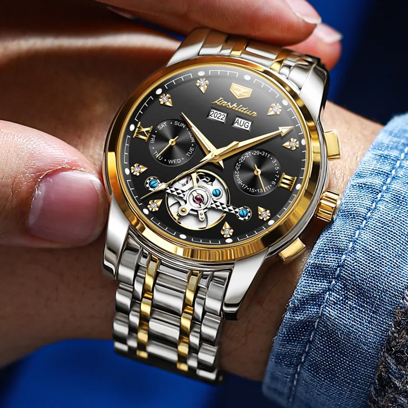 Jin Shi Dun Mechanical Movement Stainless Steel Watchband Watch Men's Watches Black Dial-13