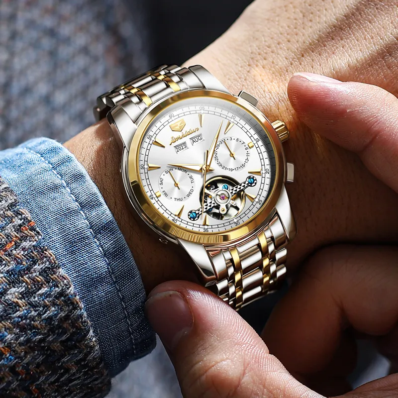 Jin Shi Dun Mechanical Movement Stainless Steel Watchband Watch Men's Watches White Dial-10