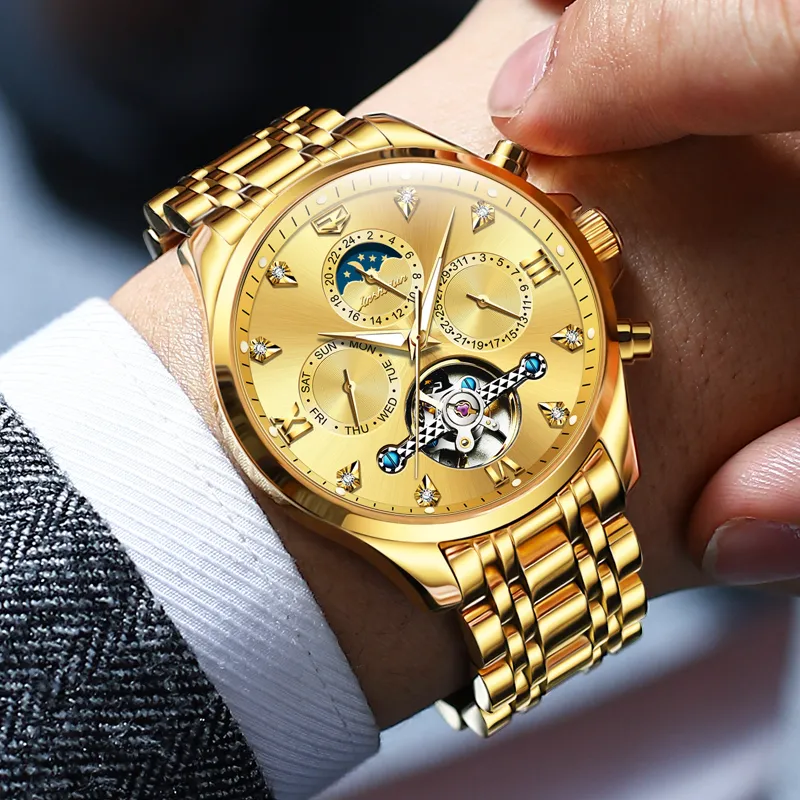 Jin Shi Dun Refined Box Mechanical Movement Stainless Steel Watchband Watch Men's Watches Black Dial-5