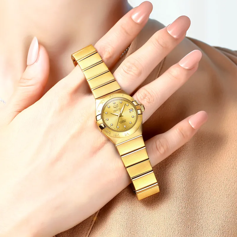 Jin Shi Dun Radiant Diamond Box Mechanical Movement Stainless Steel Watchband Watch Women's Watch White Dial-14