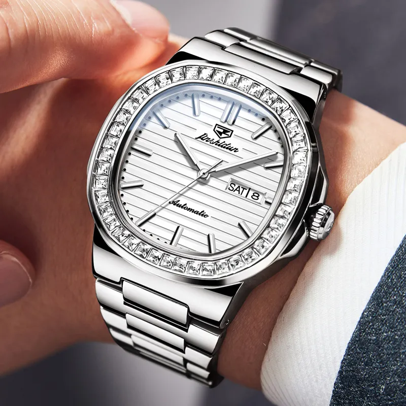 Jin Shi Dun Mechanical Movement Stainless Steel Watchband Watch Men's Watches White Dial-4