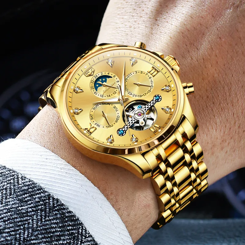 Jin Shi Dun Refined Box Mechanical Movement Stainless Steel Watchband Watch Men's Watches Black Dial-6