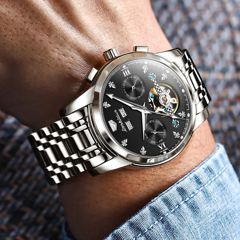 Jin Shi Dun Mechanical Movement Stainless Steel Watchband Watch Men's Watches Black Dial-3