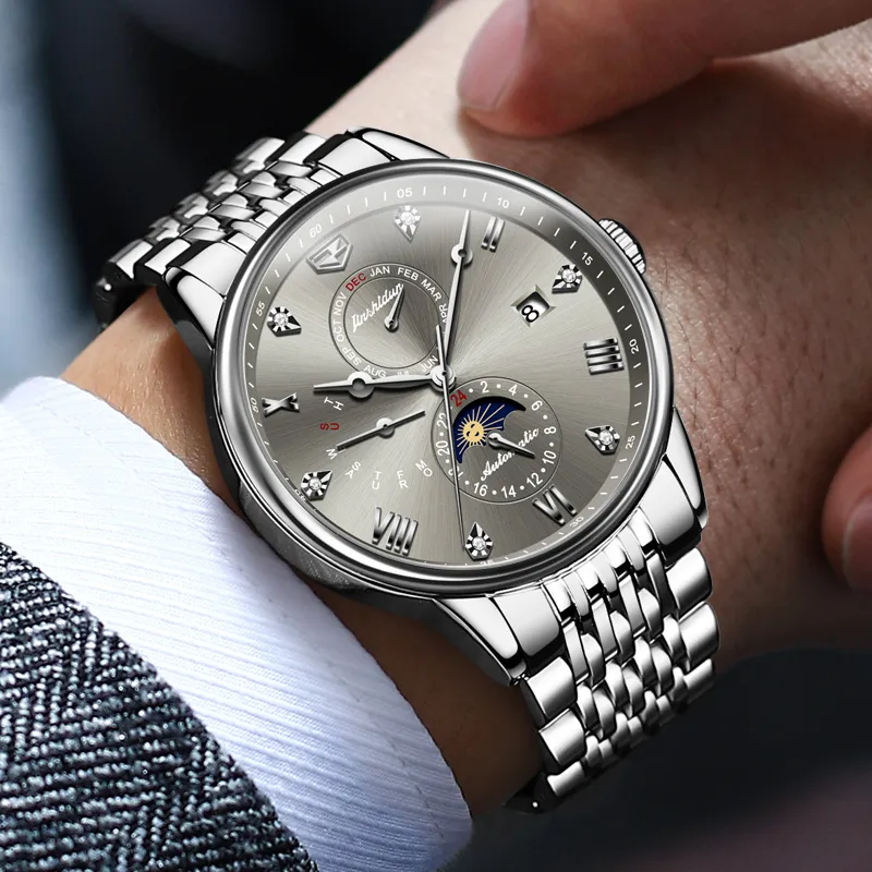 Jin Shi Dun New Trend Box Mechanical Movement Stainless Steel Watchband Watch Men's Watches White Dial-4