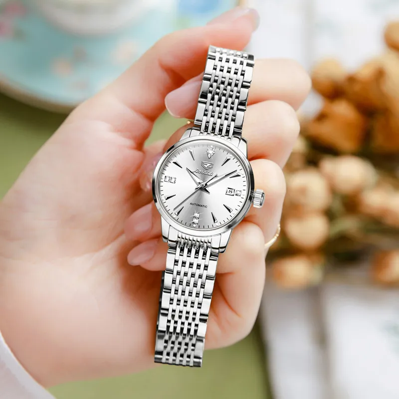 Jin Shi Dun Box Mechanical Movement Stainless Steel Watchband Watch Women's Watch White Dial-5