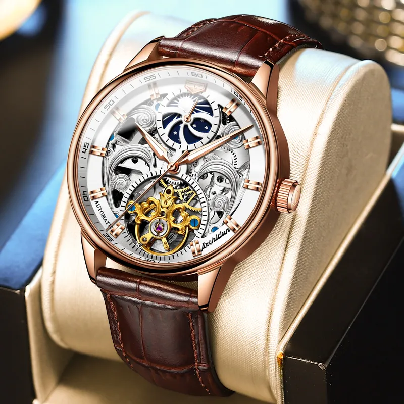 Jin Shi Dun Automatic Mechanical Movement Leather Strap Watch Men's Watches White Dial-7