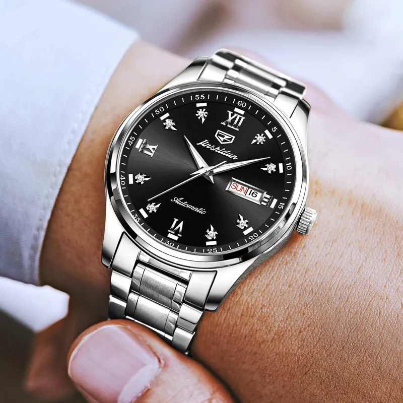 Jin Shi Dun Mechanical Movement Stainless Steel Watchband Watch Men's Watches Black Dial-2