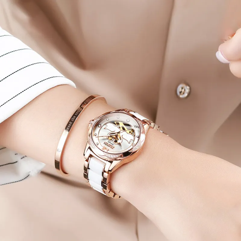 Jin Shi Dun Hollow Heart Design Box Mechanical Movement Watch Women's Watch White Dial-4