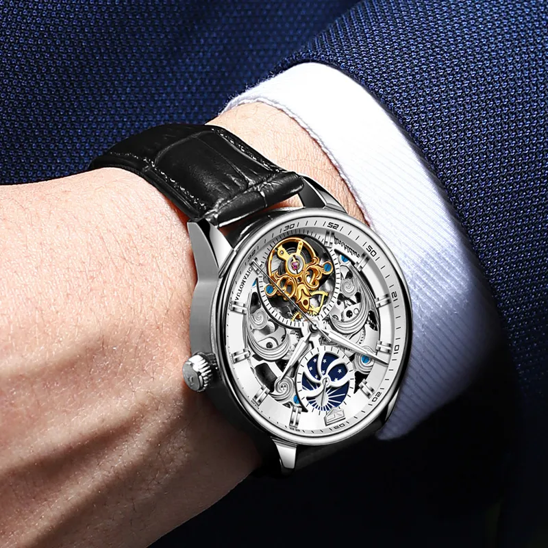 Jin Shi Dun Automatic Mechanical Movement Leather Strap Watch Men's Watches White Dial-5