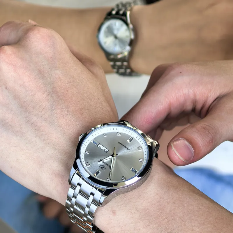 Jin Shi Dun Mechanical Movement Stainless Steel Watchband Watch Unisex Silver Dial-5
