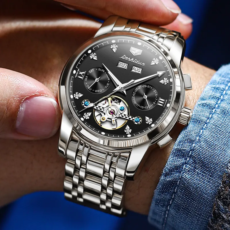 Jin Shi Dun Mechanical Movement Stainless Steel Watchband Watch Men's Watches Black Dial-2