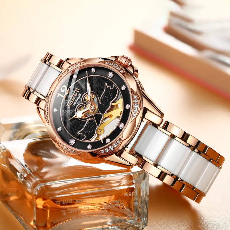 Jin Shi Dun Hollow Heart Design Box Mechanical Movement Watch Women's Watch White Dial-6