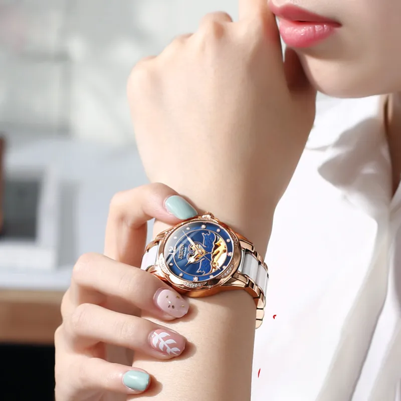 Jin Shi Dun Hollow Heart Design Box Mechanical Movement Watch Women's Watch White Dial-12